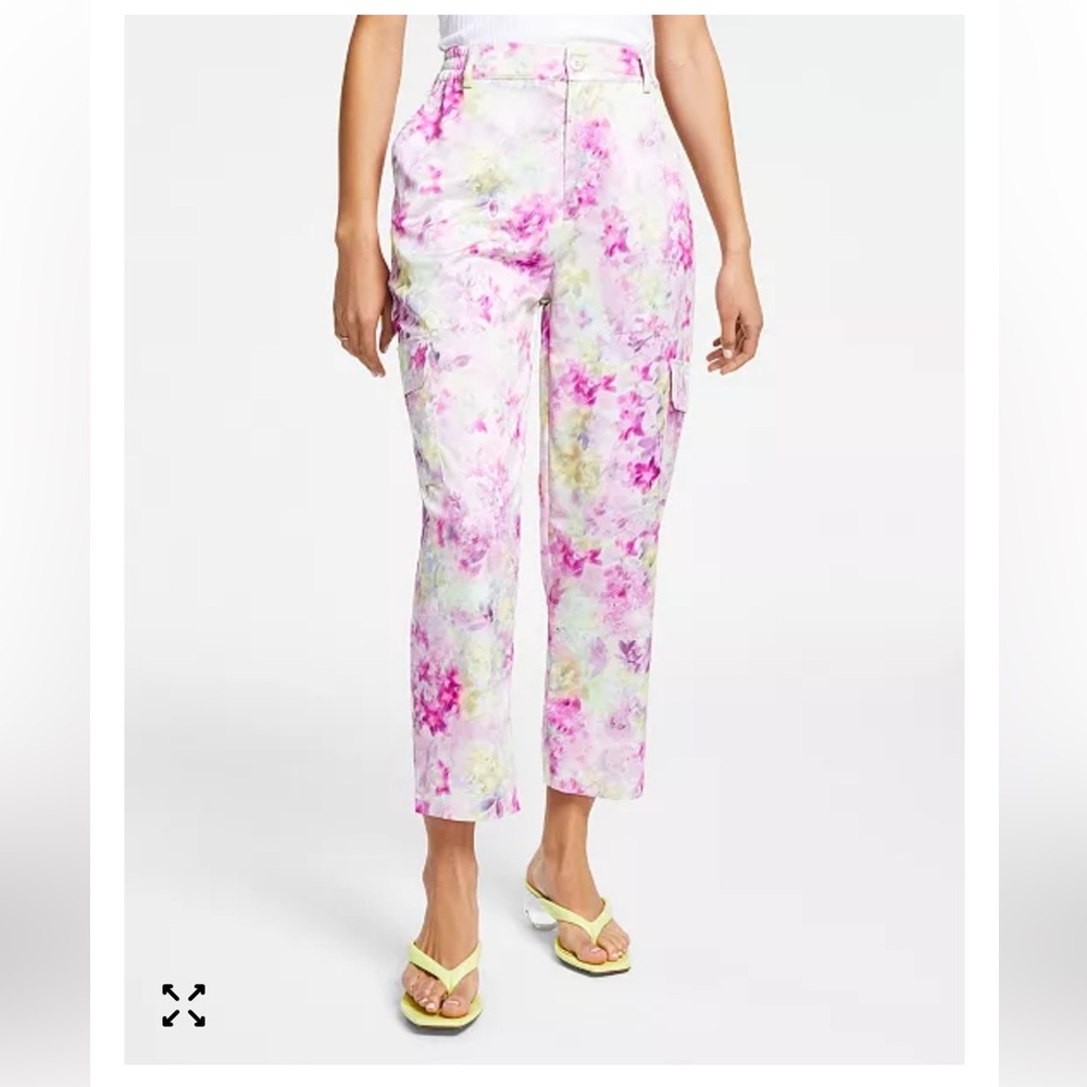 BAR III Satin Floral Cargo Crop Pants